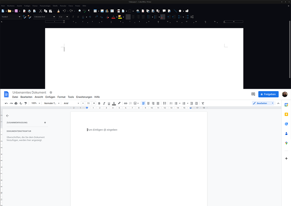 2 Screenshots im Vergleich das Fenster von Microsoft Word (oben) und Google Docs (unten)